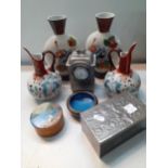 Mixed 20th Century ceramics to include painted glass vases, a cloisonne dish and an early to mid