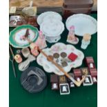 A group of ceramics and collectors thimbles together with vintage postal scales, a Coalbrookdale