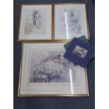 Pictures to include three Gordon King portraits, one signed limited editor, a watercolour, river