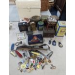 A collection of vintage tins to include tea caddy tins, sweets and others, together with enamel