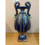 A 19th century Majolica twin handled vase on square base, 53cm high Location:G