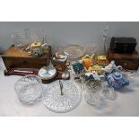 Ceramics and glassware to include decorative teapots, decanters, vases along with an oak box and a