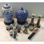 Oriental items to include a Chinese blue and white ginger jar on a base, Satsuma candle sticks, a
