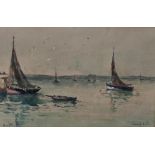 A French framed and glazed watercolour depicting moored fishing boats, signed indistinctly to the