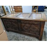 An 18th century carved oak chest with a hinged top and panelled sides, on extended stile feet,