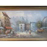 Burnett - figures in a European street scene, oil on canvas, signed lower right, 67cm x 127cm,