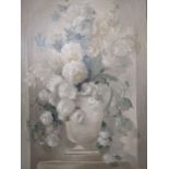 A large still life painting of a vase of flowers, unsigned, oil on board, 117cm x 87cm, framed