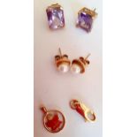 A pair of 9ct gold amethyst earrings with 9ct gold earring backs, total weight 3g, together with a