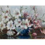 Marion Broom - still life of magnolias in blue and white bowl, oil on canvas, 75cm x 50cm, signed