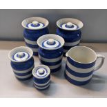Cornish ware blue and white to include canister pot, one milk jug, a sugar bowl along with five