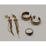 A pair of 9ct gold tassel earrings, a pair of 9ct gold hoop stud earrings, together with a child's