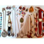 Mixed costume jewellery and watches to include a silver and blue stone ring, mixed necklaces and a