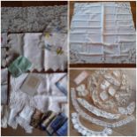 Mixed 19th and 20th Century lace and table linen to include cream Honiton lace collars, a sample