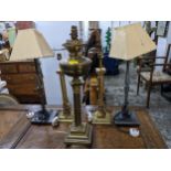 A Hinks Duplex brass oil lamp, and two pairs of table lamps Location: