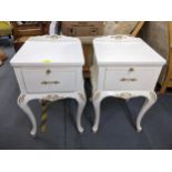 A pair of vintage French style white painted bedside tables with gilt highlights, 72cm h x 45cm w