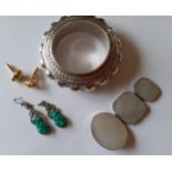 A white metal bangle, a silver and mother of pearl pendant, a pair of late 20th Century Fendi gold