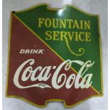 A late 20th century 'Drink Coca-Cola Fountain Service' enamel advertising sign 64.5cm h x 58.5cm w