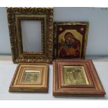 20th century Russian icons to include two framed brass icons, paint and gilt icon on wood