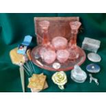 A small vintage lot to include a mid 20th Century pink glass dressing table set, an Art Deco hand