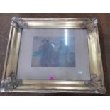 A 20th century naive pastel of travelling family, indistinctly signed, mounted in a gold painted