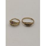 two 9ct gold rings, one set with rubies, A/F, one set with blue sapphires, total weight 3.1g