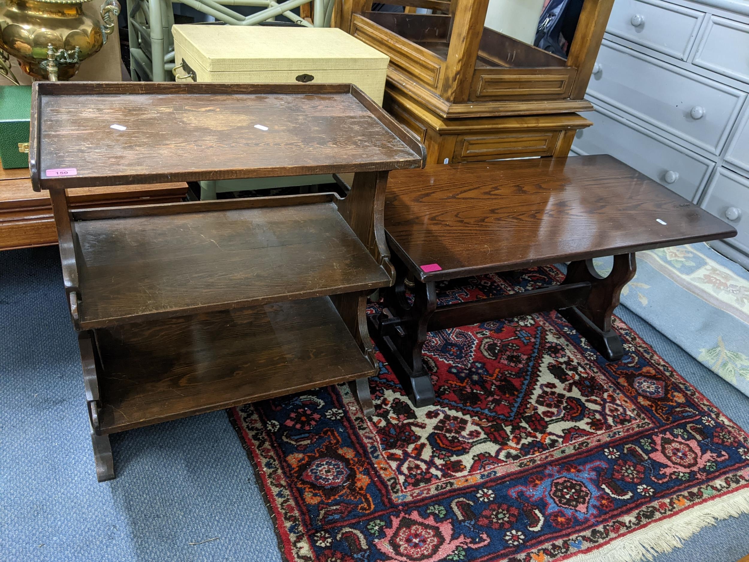 A vintage oak refectory style coffee table, together with a three tier table, Location: