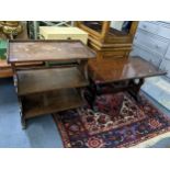 A vintage oak refectory style coffee table, together with a three tier table, Location: