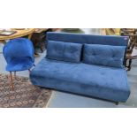 A modern Made blue upholstered futon, 82h x 143w, together with a Dunelm chair, Location: