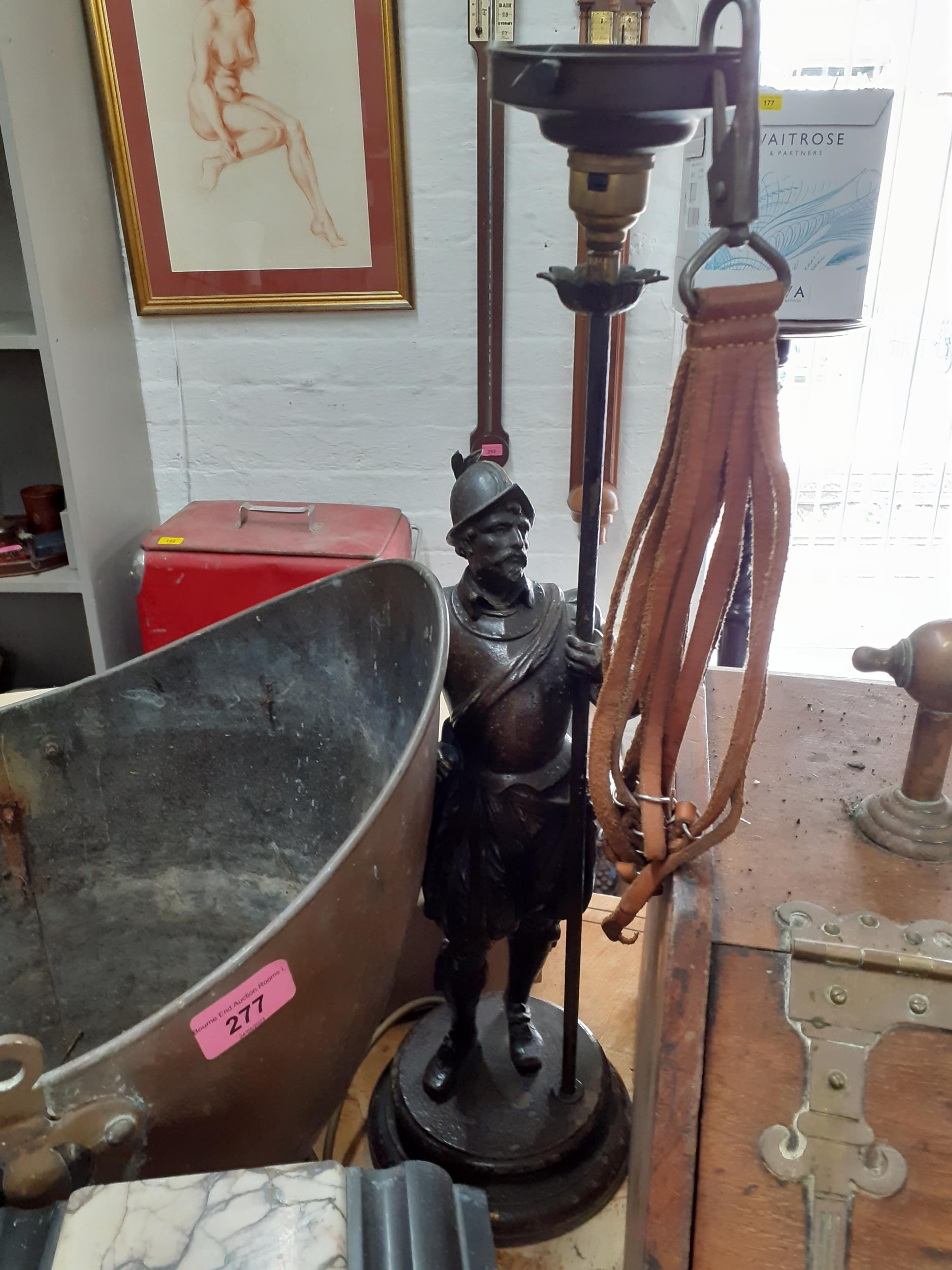 A vintage household lot to include a Victorian copper bucket A/F, a spelter figure of a knight - Image 3 of 3