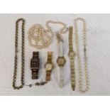 Jewellery to include a pearl necklace with a gold clasp, stamped 14k, another necklace, four watches
