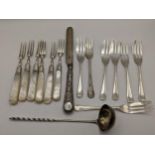 Mixed silver to include cake forks, Scottish silver ladle, mother of pearl handled forks and other