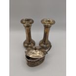 A pair of silver spill vases, London 1908, together with a silver mustard pot A/F, total weight