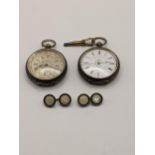 Two late 18th/19th century Swiss silver ladies fob watches together with a pair of mother of pearl