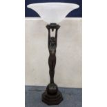 An Art Deco style figural table lamp of a nude female on a stepped octagonal base, 70h excluding