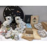 Collectables to include cigarette cards, Staffordshire pottery, a modern metal clad mirror, Japanese