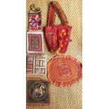 Mixed vintage Banjari textiles and other Worldwide embroidered items, some with mirrored discs to