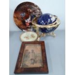 A small mixed lot to include a hardstone globe on gold coloured stand A/F, a painted pottery tray