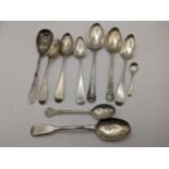 A selection of silver spoons to include a rat tail teaspoon, hallmarked 1904, total weight 184.8g,