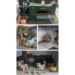 A mixed lot to include a Jones family sewing machine, brass tops/shower, mixed treen items to