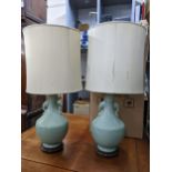 A pair of vintage Chinese celadon style table lamps, 80.5h including shades, Location: