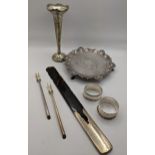 A mixed lot of silver and silver plated items to include a silver and tortoiseshell page turner, a