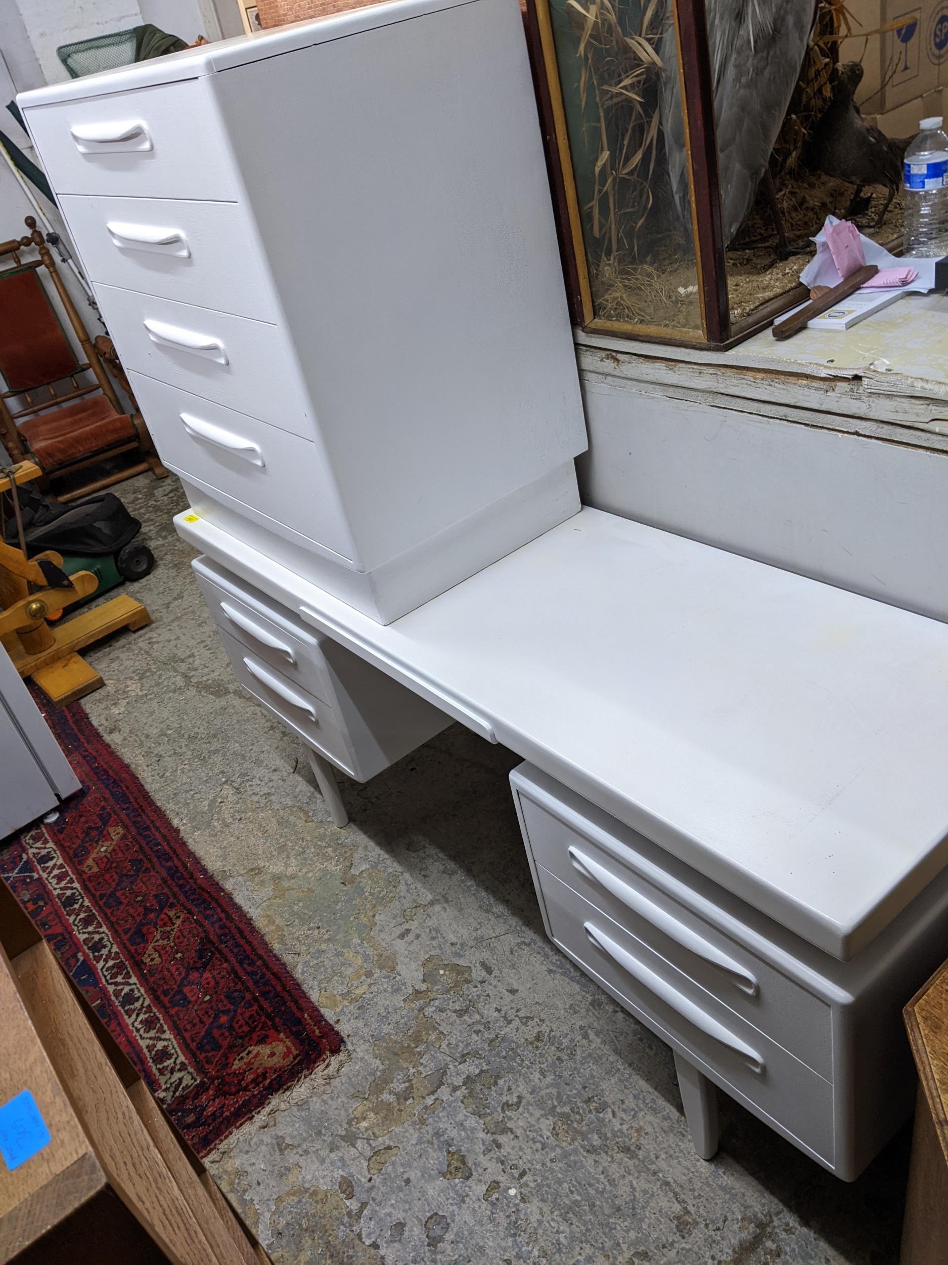 A white painted G-Plan teak dressing table with four drawers 70cm x 152cm x 45.5cm, and a matching - Image 3 of 3