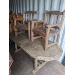 A garden Elite teak D end dining table, 70h x 218.5w, together with four matching chairs and a