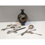 Silver plate to include spoons, picks and knives together with a Chinese Cloisonne vase decorated