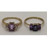 Two 9ct gold rings set with purple stones, one flanked with paste stones, total weight 3.7g