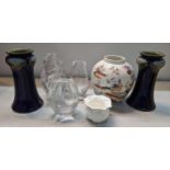 A mixed lot to include a pair of Royal Doulton vases, three Kosta crystal vases and other items