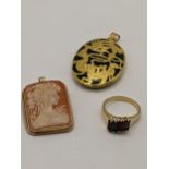 A 9ct gold cameo pendant, together with a gold plated ring stamped 18ct and one other Location: