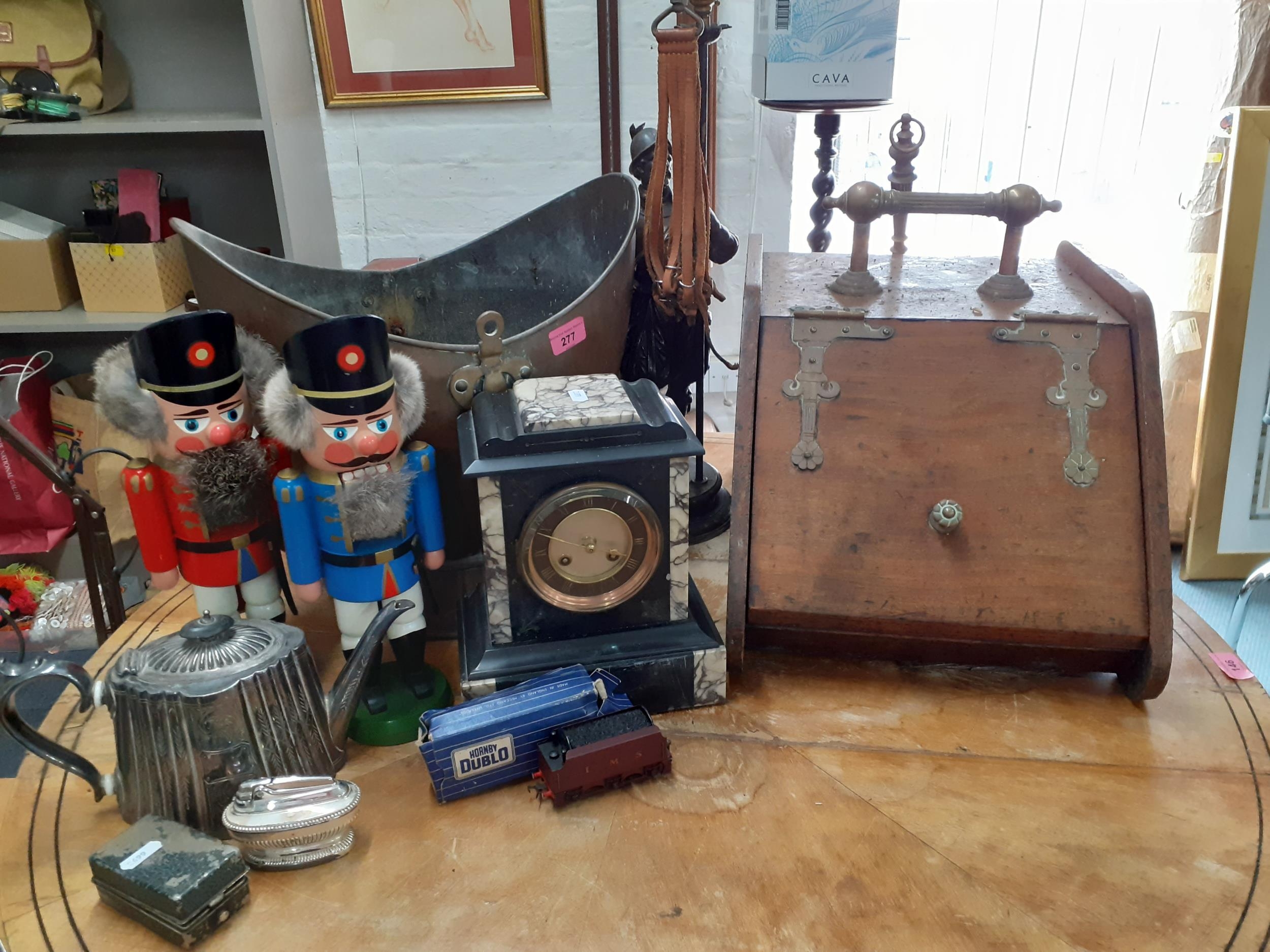 A vintage household lot to include a Victorian copper bucket A/F, a spelter figure of a knight