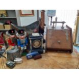 A vintage household lot to include a Victorian copper bucket A/F, a spelter figure of a knight