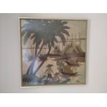 An Indonesian Batique style picture with a tree, boats and buildings, 90cm square Location: A2M